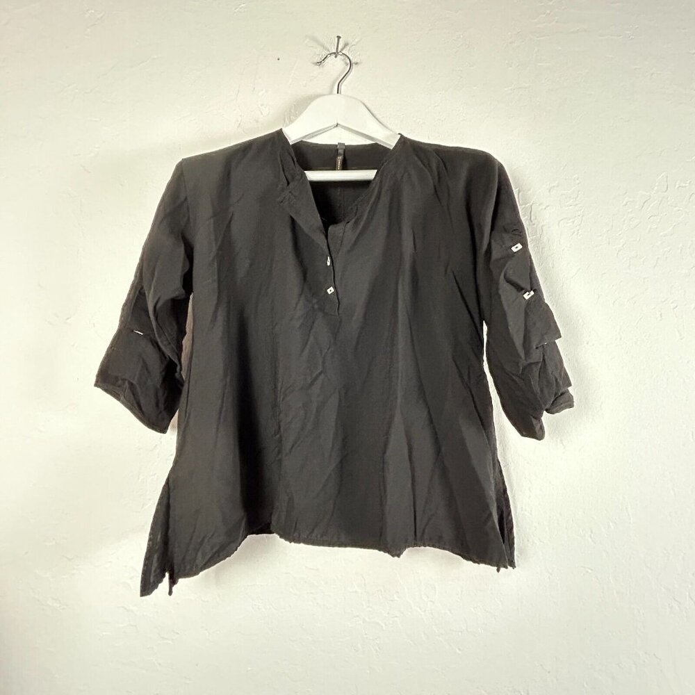 IC by Connie K Womens Henley Top Size Small Solid Black 3/4 Sleeve Rayon Casual